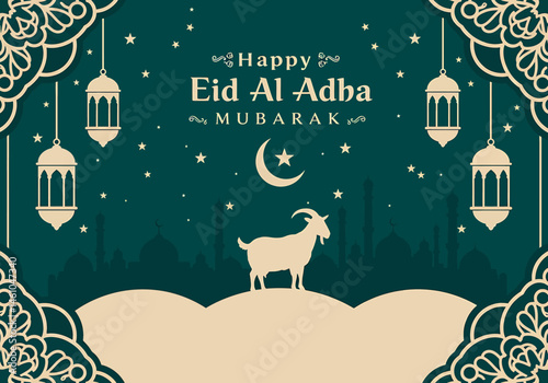 vector flat illustration for Happy Eid Al-Adha. Features a mosque, sheep, camel, cow, crescent moons, stars, lanterns, and palm trees. Perfect for Eid greetings and festive designs