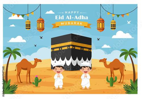 Joyful vector flat illustration for Happy Eid Al-Adha Mubarak featuring the Kaaba, a Muslim kids, sheep, lanterns, palm trees, and desert. Perfect for festive Eid greetings