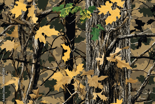 Seamless hunting camouflage pattern with tree bark and leaves in green and brown. Hunting camo. Digital camouflage pattern. Abstract camouflage