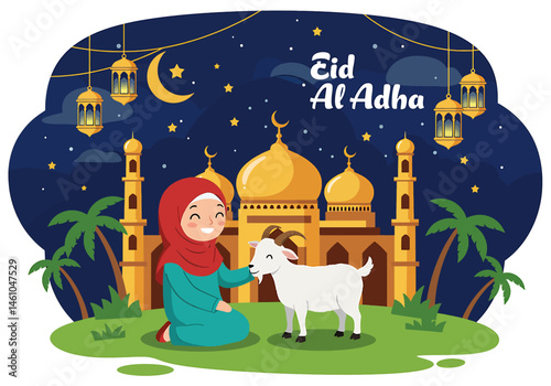Festive vector flat illustration for Eid Al-Adha Mubarak. Features a happy Muslim girl with a goat in front of a decorated mosque. Perfect for Eid greetings