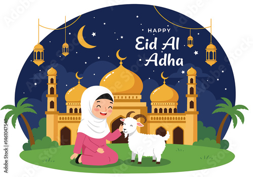 Festive vector flat illustration for Eid Al-Adha Mubarak. Features a happy Muslim girl with a goat in front of a decorated mosque. Perfect for Eid greetings