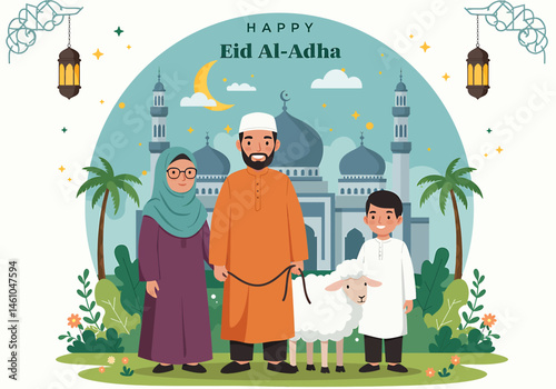vector flat illustration of a Muslim family celebrating Eid Al-Adha Mubarak with a sheep, cow, goat. Features mosque silhouettes, crescent moon, and stars. Perfect for festive greetings