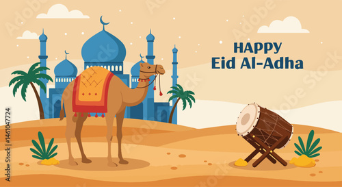 vector flat illustration for Happy Eid Al-Adha. Features a mosque, sheep, camel, cow, crescent moons, stars, lanterns, and palm trees. Perfect for Eid greetings and festive designs