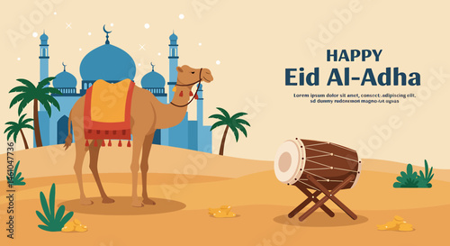 vector flat illustration for Happy Eid Al-Adha. Features a mosque, sheep, camel, cow, crescent moons, stars, lanterns, and palm trees. Perfect for Eid greetings and festive designs