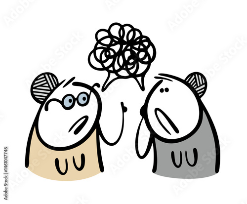 Two cartoon  friends have met and are gossiping about the neighbors, scolding the youth. Vector illustration of old ladies talking aggressively, discussing others.