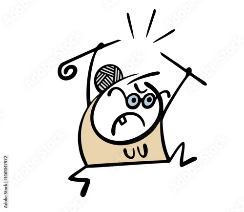 Cartoon aggressive old woman broke her cane in anger. Vector illustration of a grandmother yelling at neighbors, a disgruntled stickman, life-threatening.