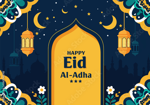 Adobe Illustrator Artwork vector flat illustration for Eid Al Adha Mubarak. Features a detailed mosque, hanging lanterns, clouds, and stars. Perfect for elegant Eid greetings and festive designs
