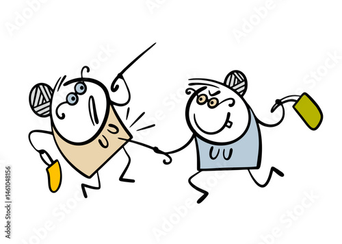 Two old women are fighting in store. Vector illustration of  grandmother hitting rival and neighbor with stick and bag. Aggressive behavior of market visitors, fighting for  place in the queue.