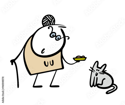 Kind cartoon old lady brought a plate of milk and food for a stray lonely cat. Vector doodle illustration of stickman to take care of animals.