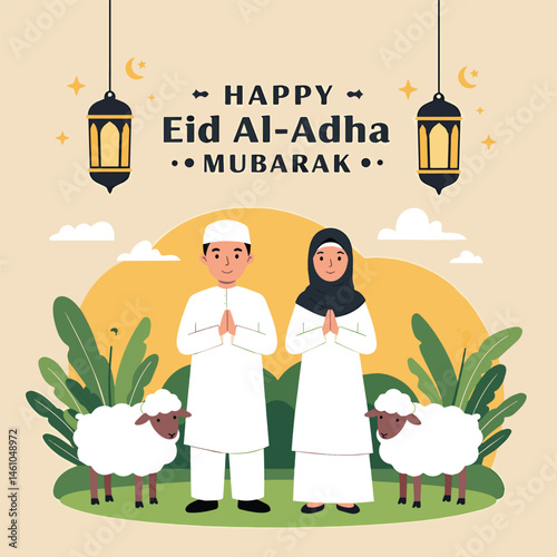 Festive vector flat illustration for Eid Al-Adha Mubarak. Features a Muslim couple, sheep, mosque silhouette, crescent moon, and stars. Perfect for Eid greetings and celebrations