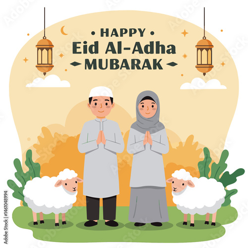 Festive vector flat illustration for Eid Al-Adha Mubarak. Features a Muslim couple, sheep, mosque silhouette, crescent moon, and stars. Perfect for Eid greetings and celebrations