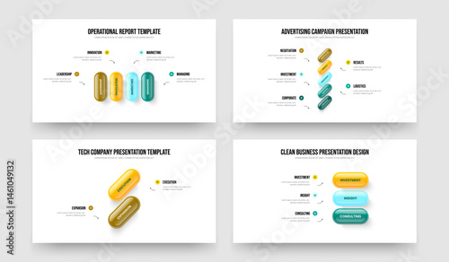 Professional Planning Four Five Two Three Step Diagram Frame Layout Vector Illustration Collection. Consulting Analysis 4 5 2 3 Element Infographic Slide Template Set.