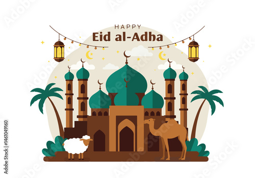vector flat illustration for Happy Eid Al-Adha. Features a mosque, sheep, camel, cow, crescent moons, stars, lanterns, and palm trees. Perfect for Eid greetings and festive designs