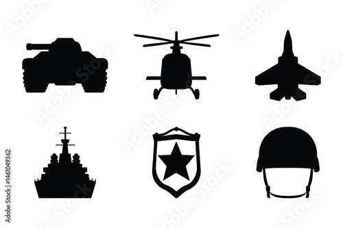 Military tribute icon set with Tank, Helicopter, Jet, Ship, Badge, and Helmet silhouette for Memorial Day armed forces.