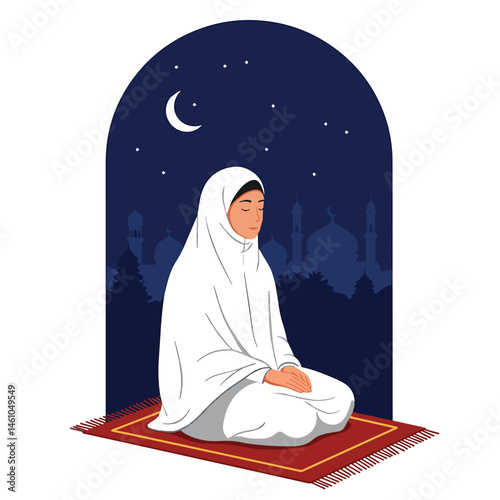 Adobe Illustrator Artwork Serene vector flat illustration of a Muslim woman praying at night with prayer beads. Features a prayer rug, crescent moon, stars, and mosque silhouettes. Ideal for Islamic