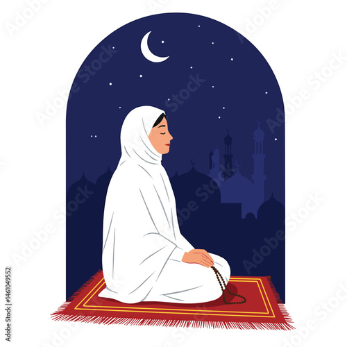 Adobe Illustrator Artwork Serene vector flat illustration of a Muslim woman praying at night with prayer beads. Features a prayer rug, crescent moon, stars, and mosque silhouettes. Ideal for Islamic