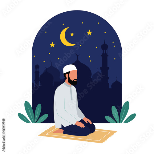 Adobe Illustrator Artwork vector flat illustration of a Muslim man praying at night. Features a prayer rug, crescent moon, stars, and mosque silhouette. Ideal for Islamic themes