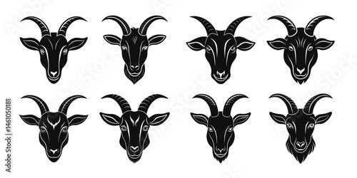 Goat head face icon collection with white background.