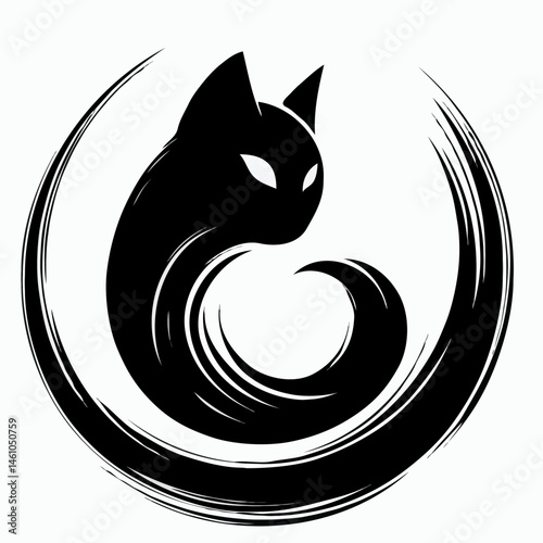 Black cat with curled tail in stylized design on white background