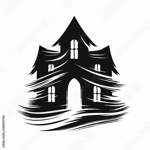 Haunted house silhouette in black vector horror style