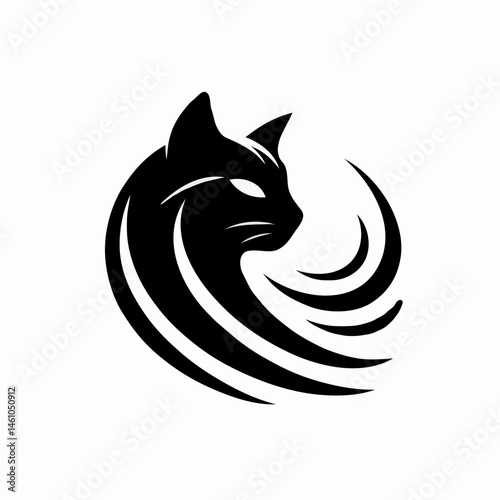 Black cat silhouette in curved abstract lines