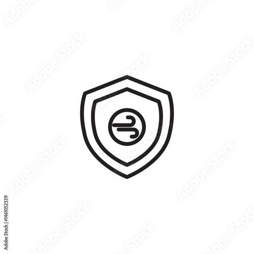 A stylized shield icon with a circular symbol containing three curved lines or blades within it.