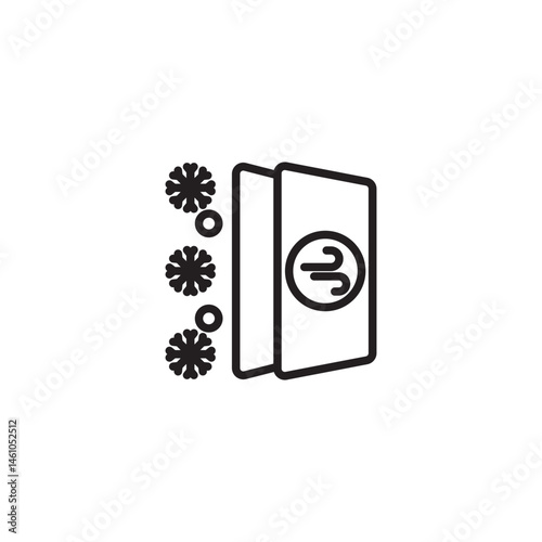 A stylized black and white icon representing a cooling system. Snowflakes appear on one side of a rectangular shape with an air current symbol on it, suggesting cold airflow.