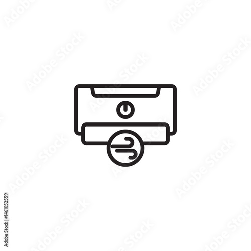 A black and white icon of an air conditioning unit with a power button and a circular symbol containing three curved lines or blades, indicating airflow.