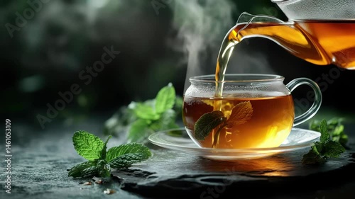 Glass of tea is poured into a cup with a green leaf on the side. The steam from the tea is rising and the cup is placed on a table