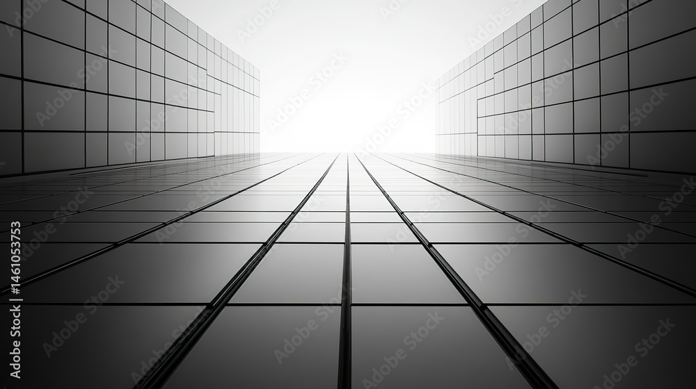 A low-angle view of a modern building with symmetrical rows of glass windows, its clean lines and bold design standing out in the outdoor setting A low-angle view of a modern building with symmetrical rows of glass windows, its clean lines and bold design standing out in the outdoor setting