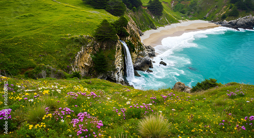 Rolling grassy hills covered with delicate wildflowers and tufts of ilalang, small trees in the distance, with a breathtaking waterfall flowing into the turquoise ocean waves on the beach