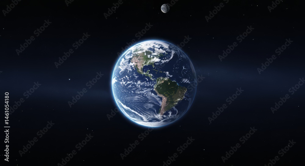 Obraz premium Earth View From Space with Moon and Stars in Dark Cosmos