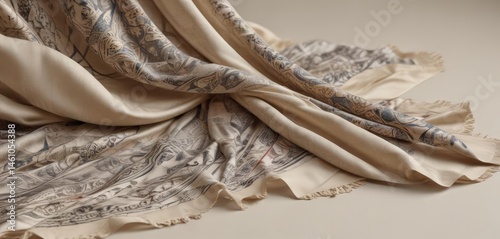 Abstract patterned silk scarf draped on neutral backdrop, drape, white, fold