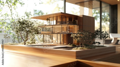 A model house displayed on a smooth wooden surface, natural light highlighting its intricate design, surrounded by minimalist office decor 
