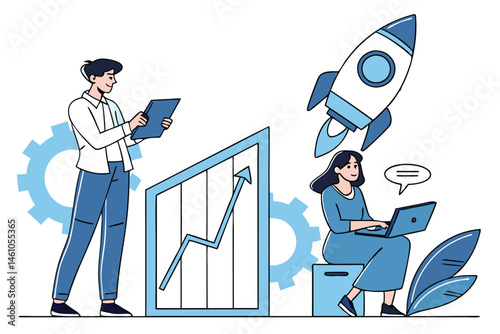 Flat Vector Illustration of Business Team Climbing Career Growth Steps with Gear Icons, Arrows, and Graph – Modern Concept for Leadership, Success, and Corporate Development.