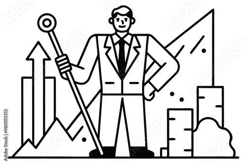 Flat Vector Illustration of Business Team Climbing Career Growth Steps with Gear Icons, Arrows, and Graph – Modern Concept for Leadership, Success, and Corporate Development.