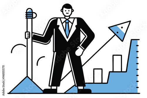 Flat Vector Illustration of Business Team Climbing Career Growth Steps with Gear Icons, Arrows, and Graph – Modern Concept for Leadership, Success, and Corporate Development.