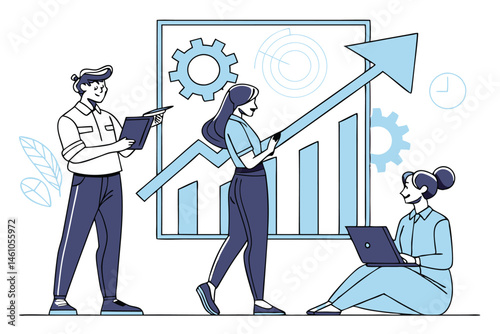 Flat Vector Illustration of Business Team Climbing Career Growth Steps with Gear Icons, Arrows, and Graph – Modern Concept for Leadership, Success, and Corporate Development.