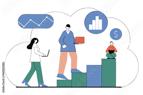 Flat Vector Illustration of Business Team Climbing Career Growth Steps with Gear Icons, Arrows, and Graph – Modern Concept for Leadership, Success, and Corporate Development.