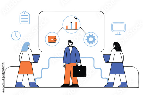 Flat Vector Illustration of Business Team Climbing Career Growth Steps with Gear Icons, Arrows, and Graph – Modern Concept for Leadership, Success, and Corporate Development.