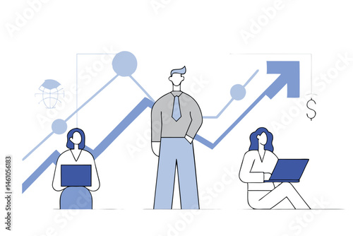 Flat Vector Illustration of Business Team Climbing Career Growth Steps with Gear Icons, Arrows, and Graph – Modern Concept for Leadership, Success, and Corporate Development.