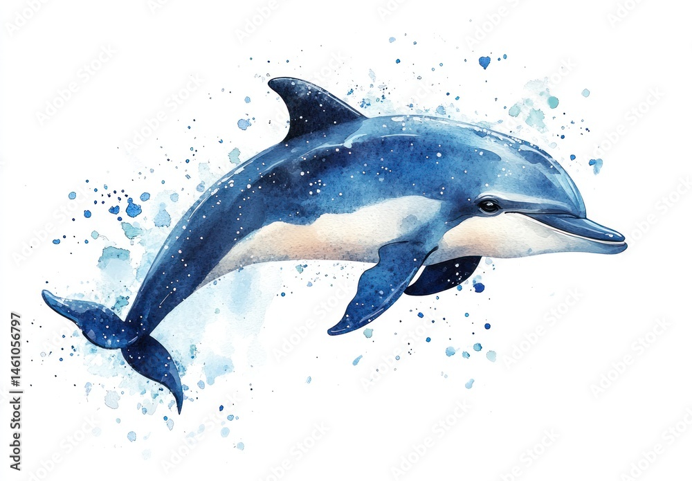 Obraz premium Vibrant Watercolor Illustration of a Dolphin Swimming Gracefully in Blue and White Tones with Splashes of Color