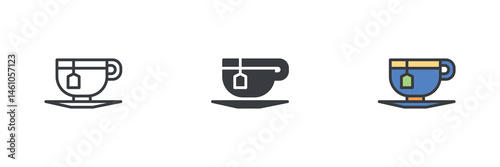 Teacup on a saucer with a teabag different style icon set