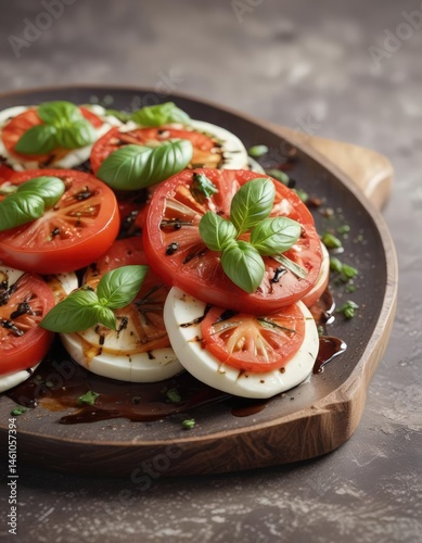 Sliced tomatoes, fresh mozzarella, basil leaves, balsamic glaze ,  diet,  appetizing,  light
