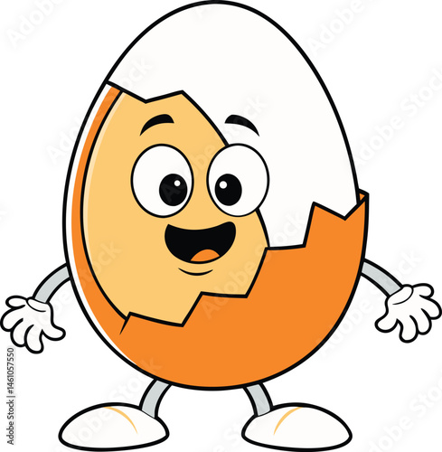 Egg character with a cracked shell, bright eyes, and a wide smile