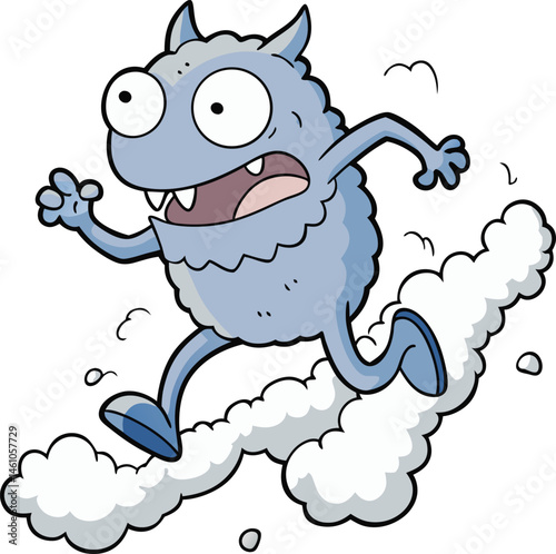 Monster sprinting with visible panic, leaving a trail of stylized dust in its wake