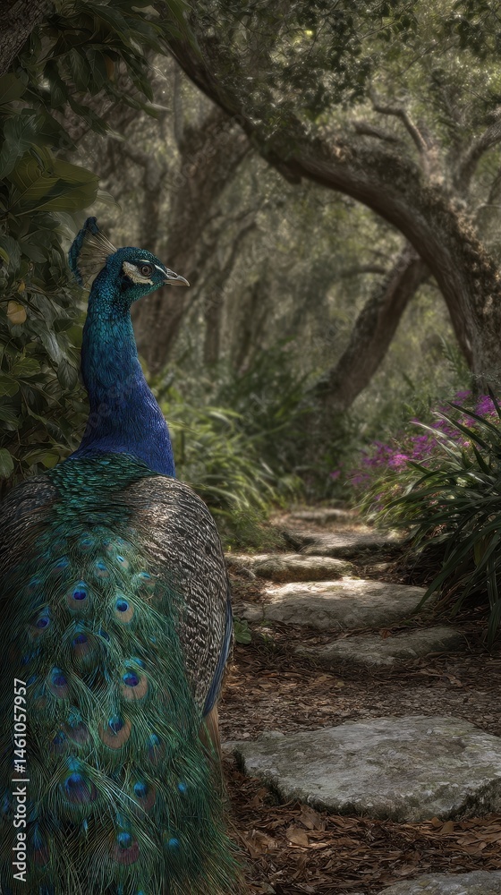 Obraz premium Majestic peacock in a lush garden pathway.