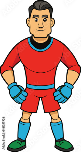 Goalkeeper, ready to defend the goal in his bright red and blue uniform and green shoes.