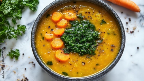 Creamy Carrot and Spinach Soup with Fresh Herbs and Seasoning in a Rustic Bowl