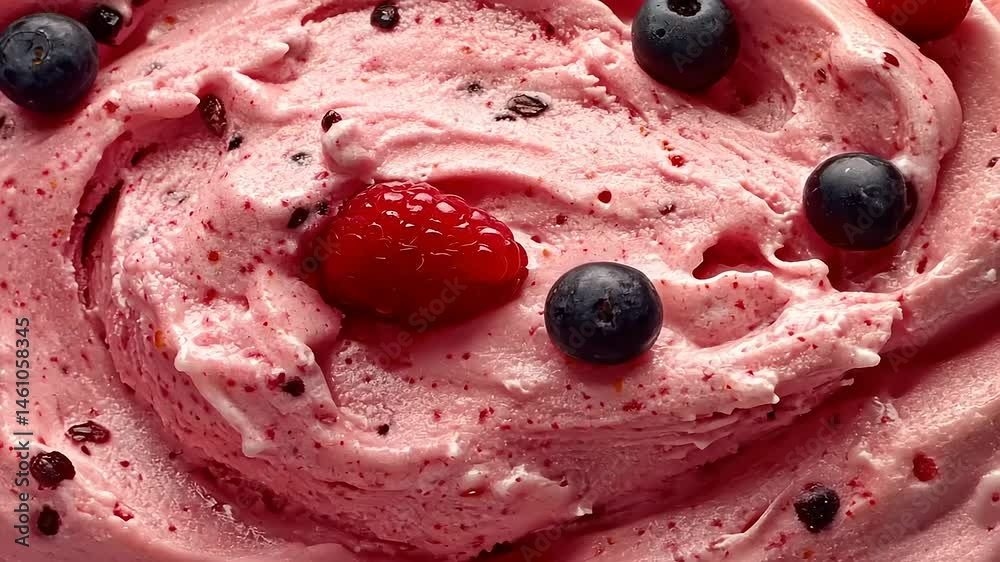 Delightful berry swirl: Close-up of creamy pink ice cream with fresh fruit